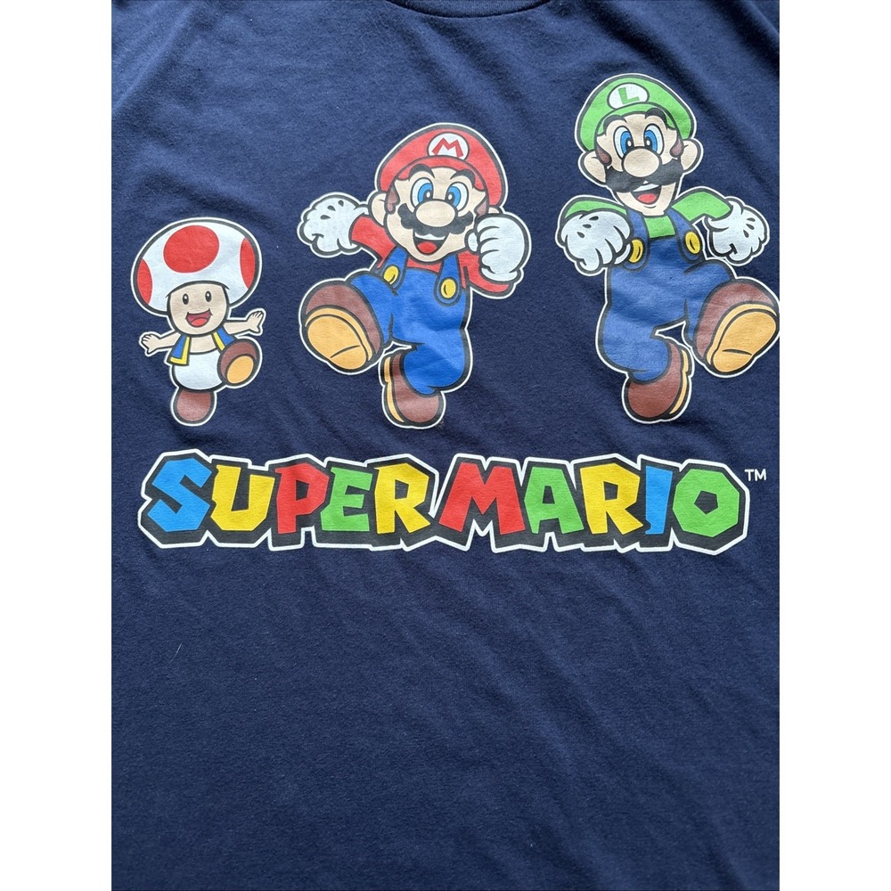 Super Mario Graphic Navy Blue XL  T-Shirt Mario Luigi & Toad Tagless Crew Neck
